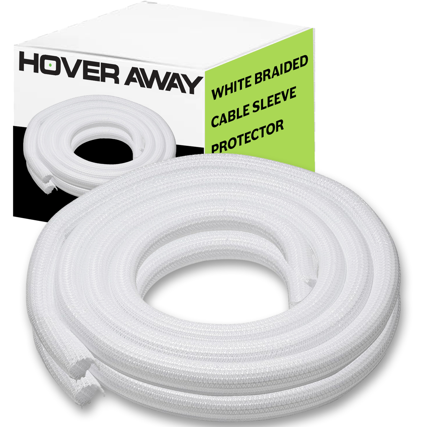 White Braided Cable Wrap Sleeve Protector - Self-Wrapping, Split Wire Loom for Charging Cables